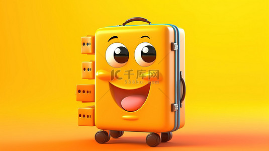 黄色背景上站立着橙色旅行箱的吉祥物的 3D 渲染，周围是一堆百元大钞