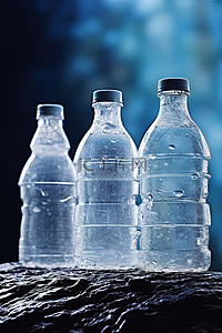三个塑料瓶饮用水放在平坦的表面上