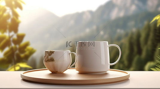 咖啡杯和桌面上的产品布置，早晨阳光和 3D 渲染中的自然景观