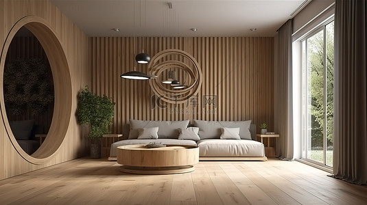 带圆形空间和木质装饰的现代客厅 3D 渲染图