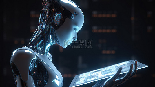 3D 渲染中女性机器人持有的玻璃平板电脑上的图形显示