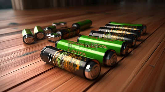 概念化锂离子电动汽车的电池回收 电动汽车电池的 3D 渲染，木桌上有回收符号