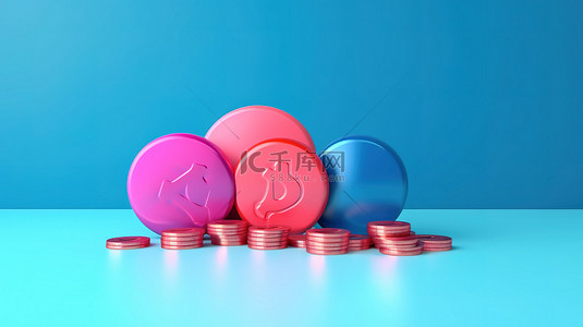 点赞收藏转发背景图片_蓝色和粉色背景的 3D 插图中的各种货币和硬币收藏