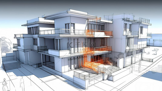 烟囱架构背景图片_房屋设计从草图到现实精美的建筑图纸和 3D 插图
