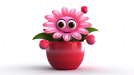 一个微笑的 3D 卡通人物，粉色和红色的花朵坐落在白色背景的花盆中