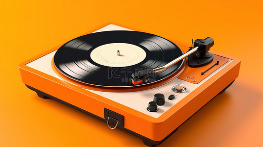 卡通唱片背景图片_充满活力的橙色背景下的单色 3D 渲染乙烯基播放器
