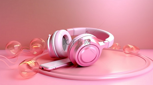 具有水平智能手机和空白空间的 3D 渲染粉色耳机