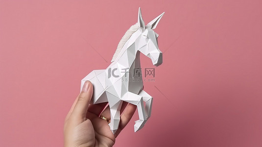 纸角背景图片_一双手抱着一只白色的 3D 纸艺独角兽