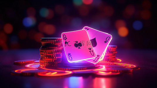 夜市led灯背景图片_3d 渲染插图中的发光赌场筹码和扑克牌