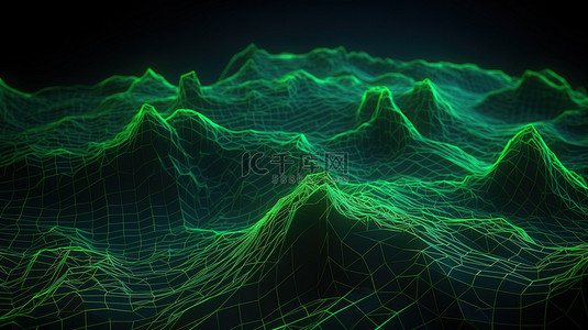 路燈背景图片_3D 渲染的绿色网格地形抽象网格和霓虹灯地形