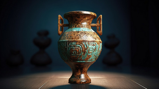 支架上古董陶瓷花瓶的 3D 渲染插图非常适合室内设计和博物馆展览
