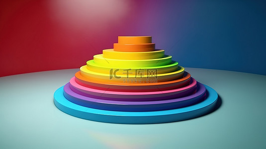 一个分层的圆形讲台在一个俏皮的彩虹柱下漂浮在 3d 中