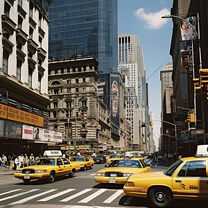 出租车黄色背景图片_一条繁忙的街道，有几辆黄色出租车和建筑物