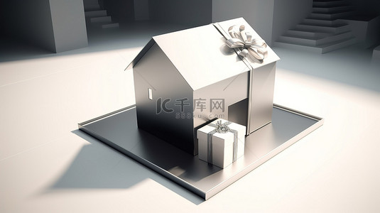 小礼品样机背景图片_使用 3D 技术在礼品盒中呈现的房地产概念房屋