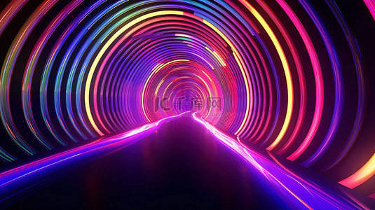 3D 渲染的发光灯创建了带有迷幻虫洞艺术的抽象条纹隧道