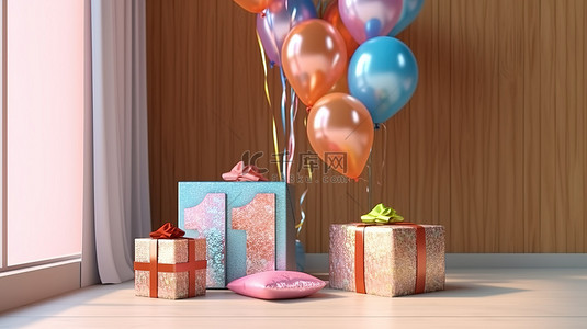 节日 14 岁生日庆祝活动的 3D 渲染，配有气球彩旗和礼品盒