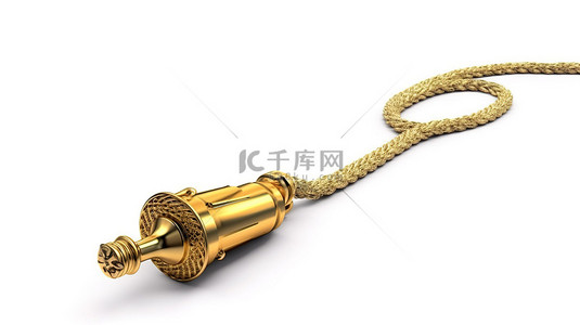 绳子相片背景图片_传统的教练口哨在绳子上呈现为金色，并在白色背景下展示
