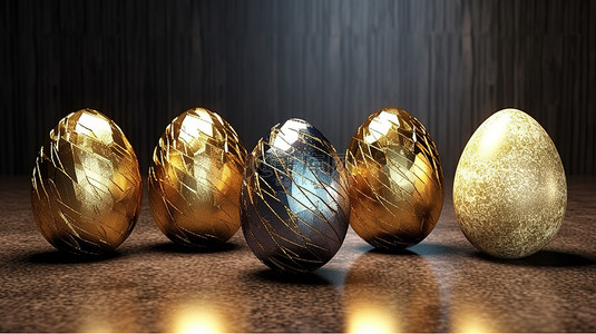 快乐质感背景图片_各种 3D 渲染的复活节彩蛋，具有奢华的金色质感