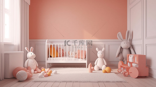 可爱的托儿所，配有 3D 渲染的婴儿床和玩具系列