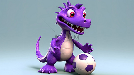 足球球卡通背景图片_手里拿着足球的搞笑 3D 紫色恐龙