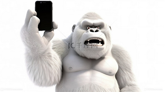 有趣的 3d 白色大猩猩炫耀手机