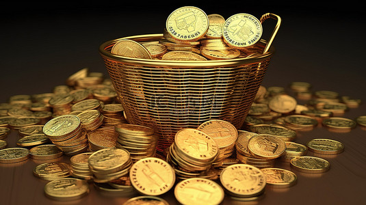 购物篮中成堆的欧元硬币 3D 渲染图像说明了价格上涨的概念