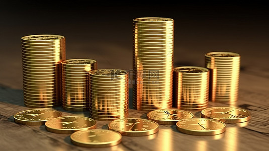 金币的 3D 渲染，带有展示财务增长的商业图表或条形图