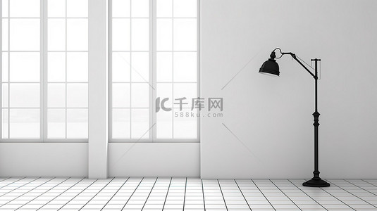 简约的房间设有白色窗户瓷砖墙黑色落地灯和 3D 渲染的边桌