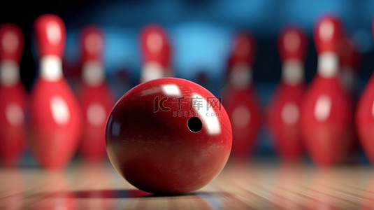明亮的红色保龄球放置在前面和中心，以 3D 形式显示，销钉在远处