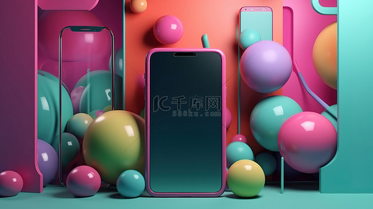 手机孟菲斯背景图片_彩色抽象孟菲斯装饰品，3D 智能手机插图上带有空白屏幕