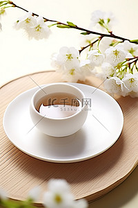 桌上放着一个白盘子和一杯茶