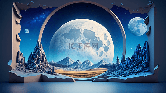 圆形的月亮背景图片_月亮蓝色山脉立体背景
