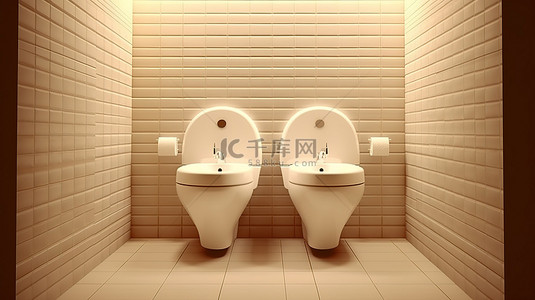 陶瓷马桶背景图片_现代陶瓷白色 3D 马桶在配有棕色瓷砖墙壁和地板的卫生间中