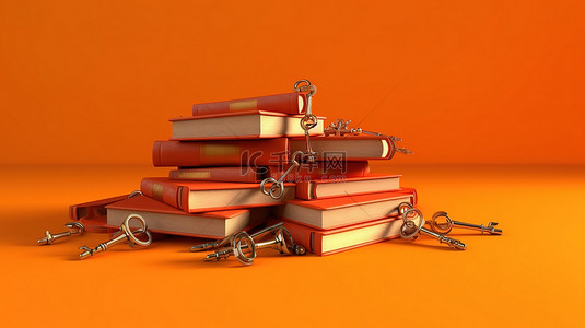 解锁知识 3D 书籍和充满活力的橙色背景上的钥匙