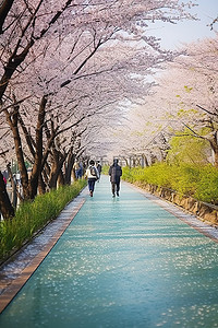 春天江景背景图片_人们沿着樱花树附近的小路行走
