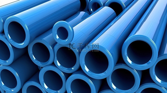 以蓝色 PVC 管为特色的孤立白色背景 3D 插图的顶视图