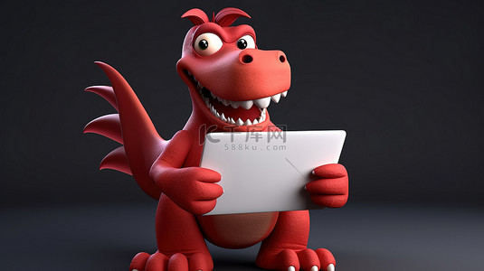 动慢搞笑动图背景图片_拿着标牌和平板电脑的搞笑 3D 红色恐龙