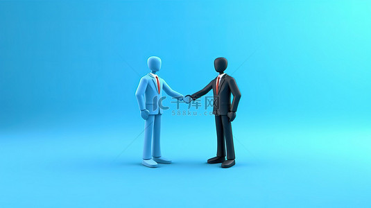 两位商务专业人士在蓝色背景下握手的 3D 渲染