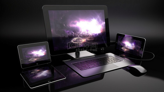 星光模板下载背景图片_以 3D 渲染的电脑平板电脑和智能手机