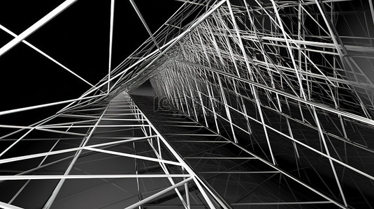 黑暗蓝天背景图片_抽象 3D 插图中的三角形线框结构，带有黑白方形开口