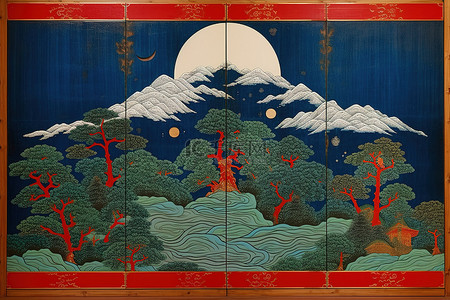 传统福文化背景图片_一幅蓝色和红色的树木画以及木墙上的一些蓝色画作