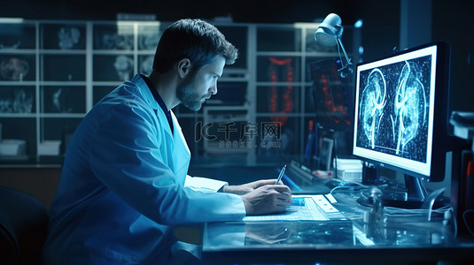 医生电脑背景图片_医生在医院办公室的办公桌上查看患者记录，显示器上有 3D 大脑显示