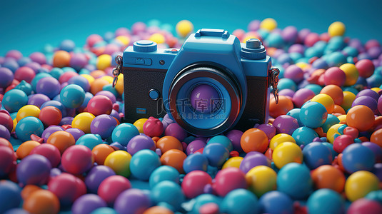 蓝色相机的 3D 渲染被蓝色背景上充满活力的球体包围