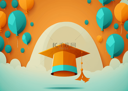 学士帽气球橙色插画背景