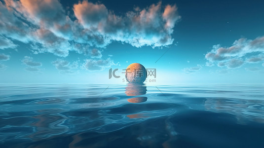 3D 渲染万圣节主题背景的插图，满月蓝天反射大海和云彩