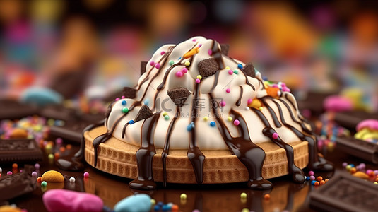 多汁的巧克力和香草冰淇淋混合装饰着彩虹洒在晶圆背景 3D 模型上