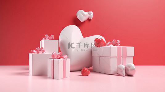 情人节浪漫的 3D 场景，白色礼盒和红心漂浮在粉红色背景上
