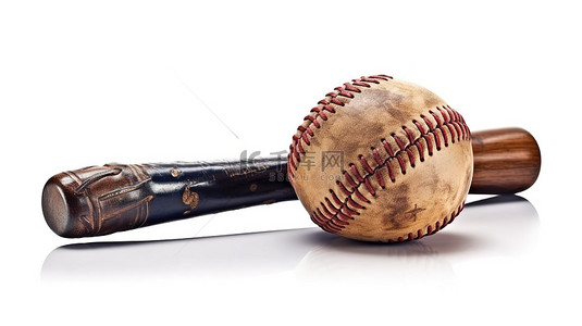 白色背景下孤立的棒球装备手套球和球棒的 3d 插图