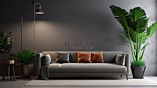 时尚的客厅设计，配有充满活力的沙发郁郁葱葱的绿色植物和引人注目的灰色墙壁背景 3D 渲染