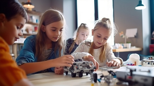 科技文本电脑科技背景图片_学校工程课上的孩子们正在建造机器人并利用 3D 打印机提供充足的文本空间